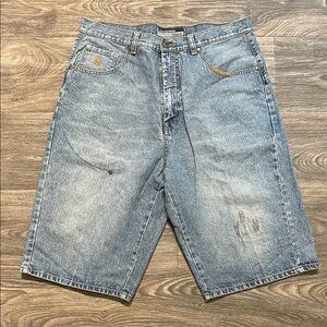 Vintage Rocawear Jean Shorts SZ 36 Long Blue Baggy Skater Embroidered Y2K Denim